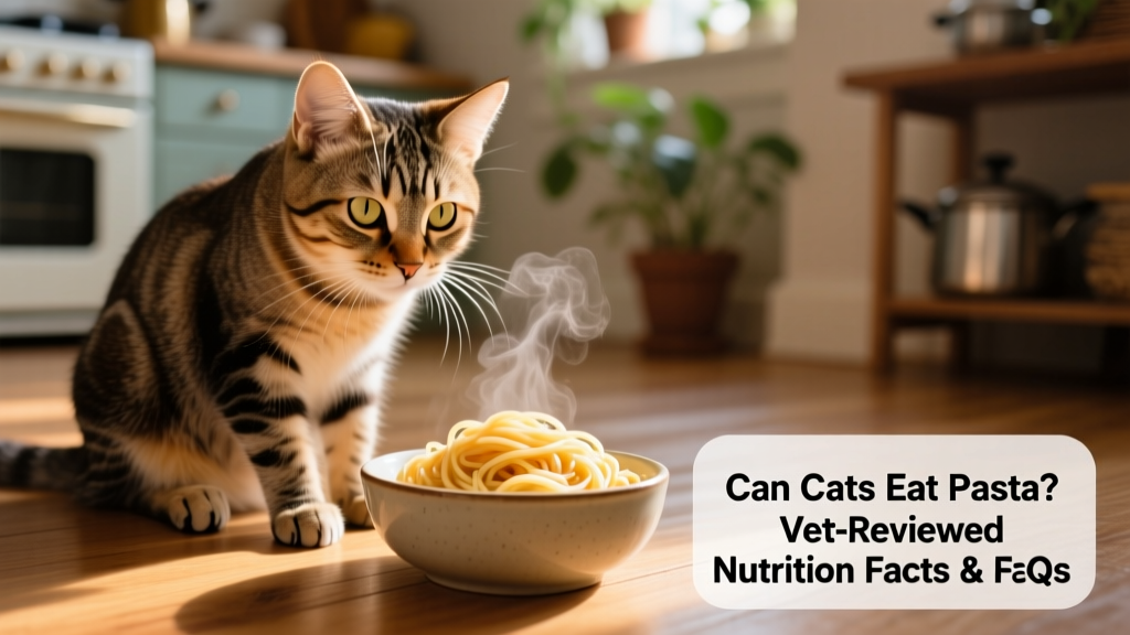 A curious cat sitting beside a bowl of plain cooked spaghetti