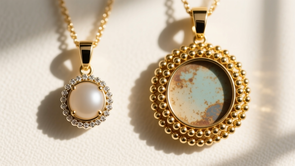 Macro comparison of a 9mm Sweet Alhambra pendant and a 15mm Vintage Alhambra pendant highlighting the gold beaded milgrain borders