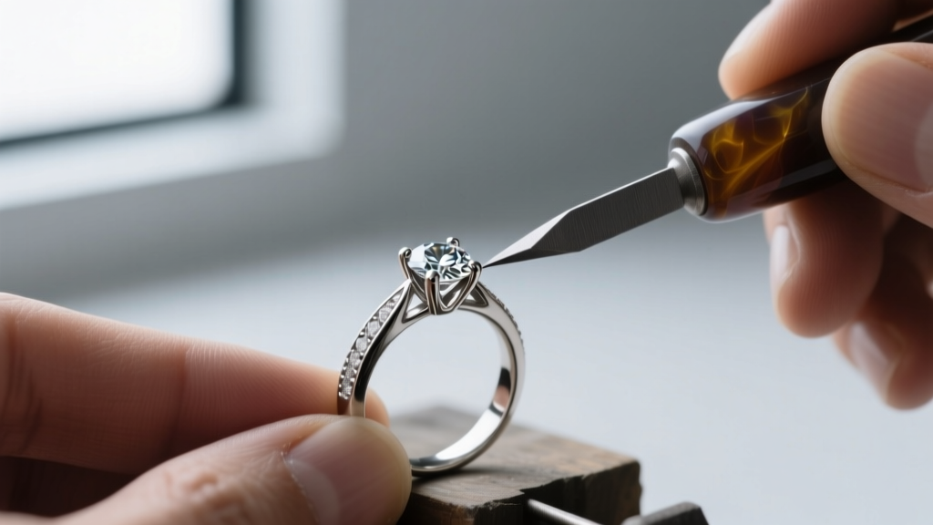 Jeweler using an agate burnisher to compress and smooth the metal of a vintage platinum diamond engagement ring prong setting.