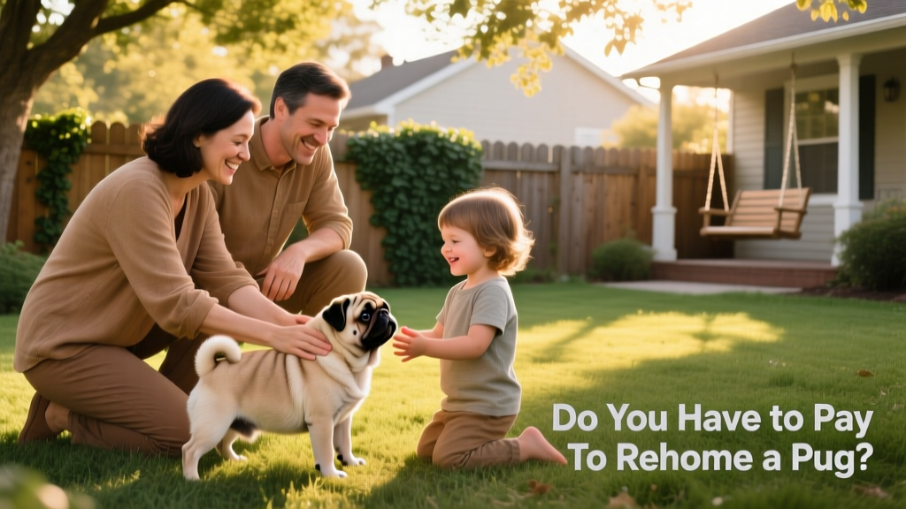 Two people meeting outdoors, gently introducing a Pug to a new family member
