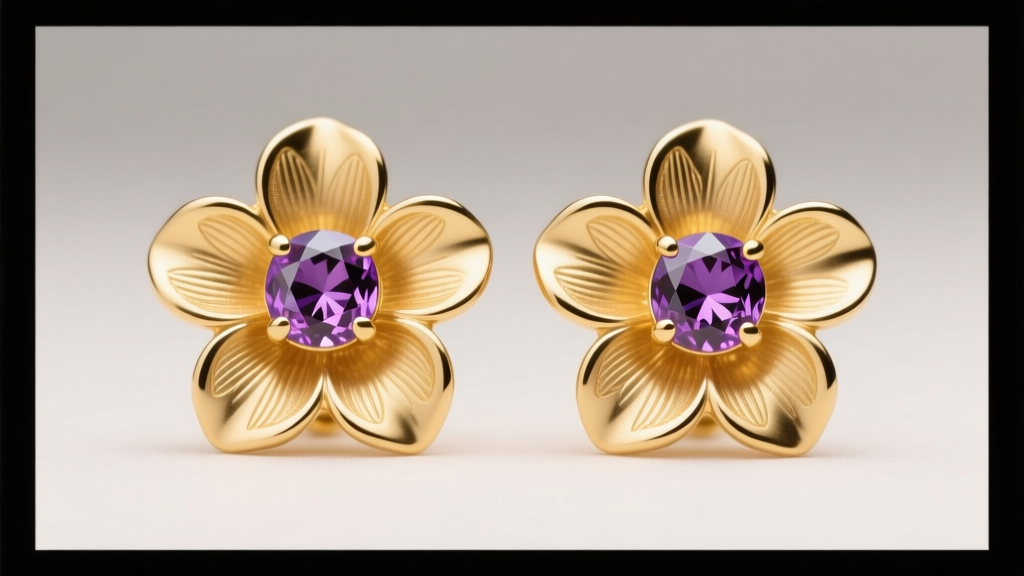 Macro photography of 14k yellow gold flower amethyst earrings, highlighting faceted purple gems and intricate metal petals.