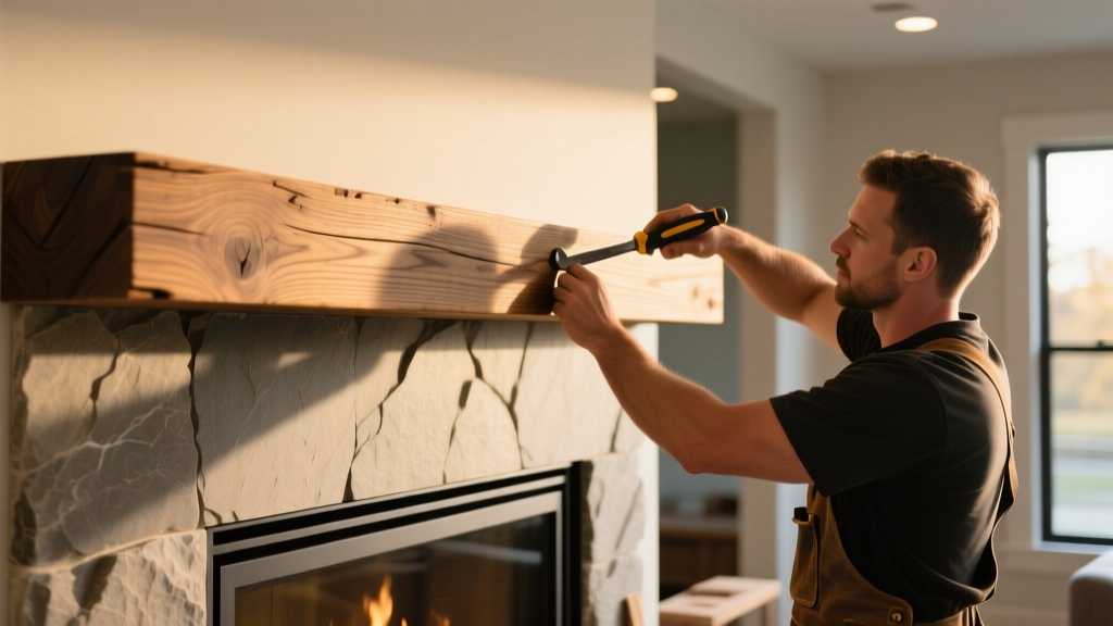Close-up of a craftsman installing a thick reclaimed oak mantel shelf above a modern linear gas fireplace with stone veneer