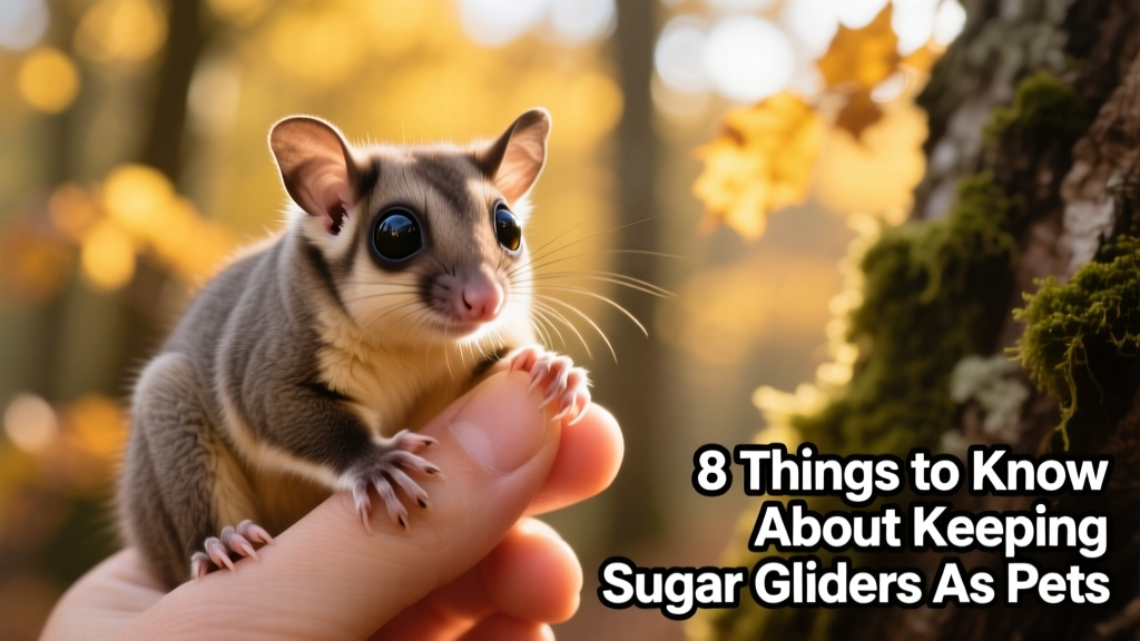 Close-up of a sugar glider clinging gently to a human hand, showing its large eyes and soft fur