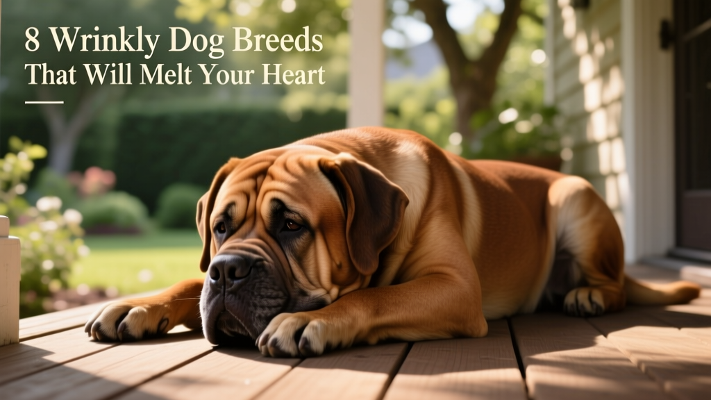 A relaxed Dogue de Bordeaux resting with its head resting on paws, showcasing deep neck folds and soft, wrinkled cheeks
