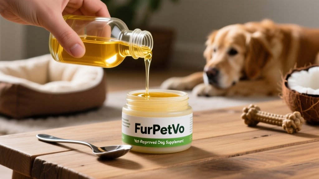 Hand measuring coconut oil into a stainless steel spoon next to a labeled FurPetVo coconut oil jar
