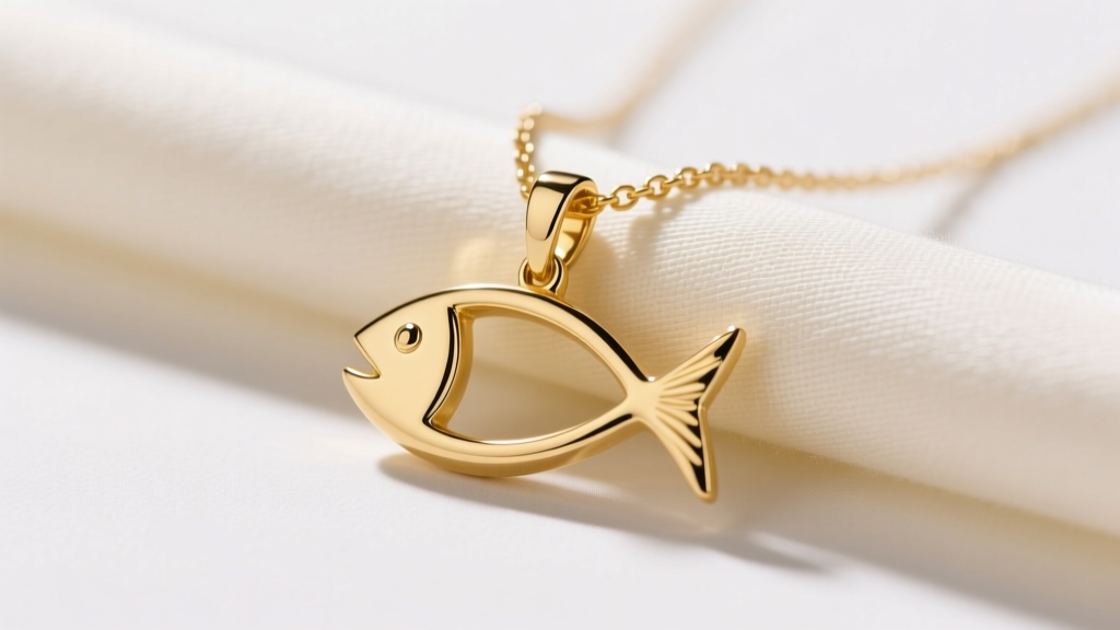 Close-up of a polished 14k yellow gold ichthus necklace resting on soft cream linen, showcasing the classic fish outline pendant