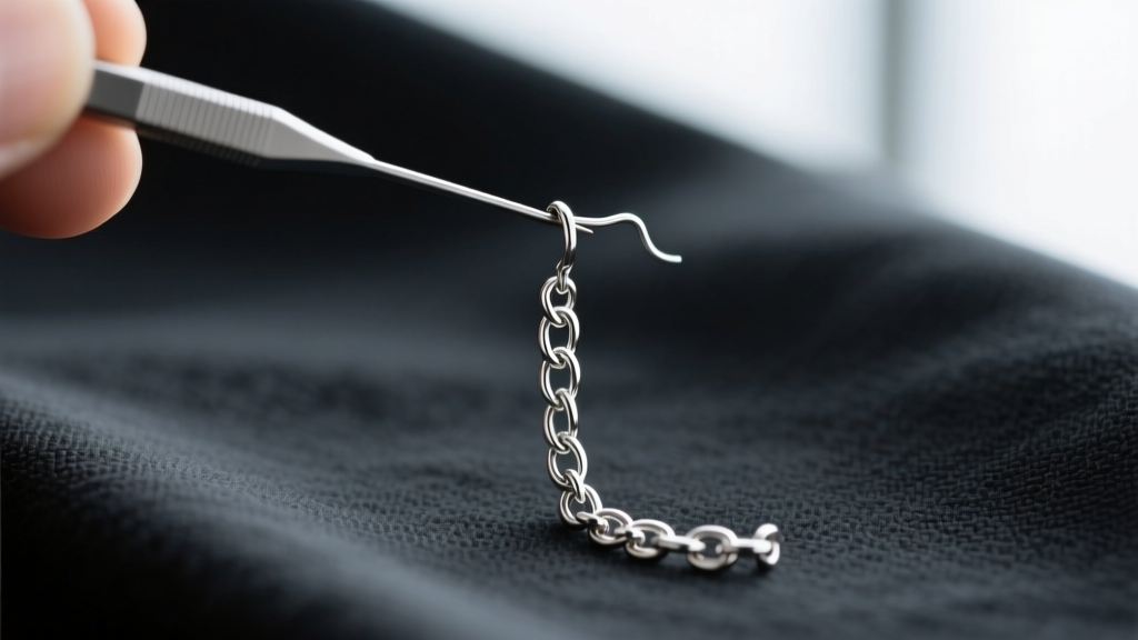 Macro shot of a tangled silver chain drop earring being detangled with a needle on a dark anti-tarnish cloth background.