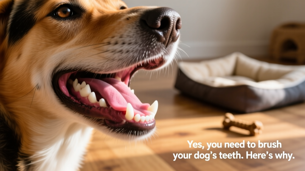 Close-up of a healthy dog’s mouth with clean white teeth and pink gums