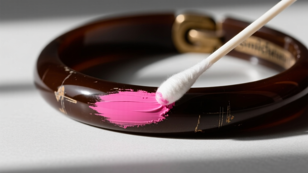 Cotton swab with pink Simichrome polish rubbed on a dark brown vintage bracelet edge, testing for authentic Bakelite phenolic resin.