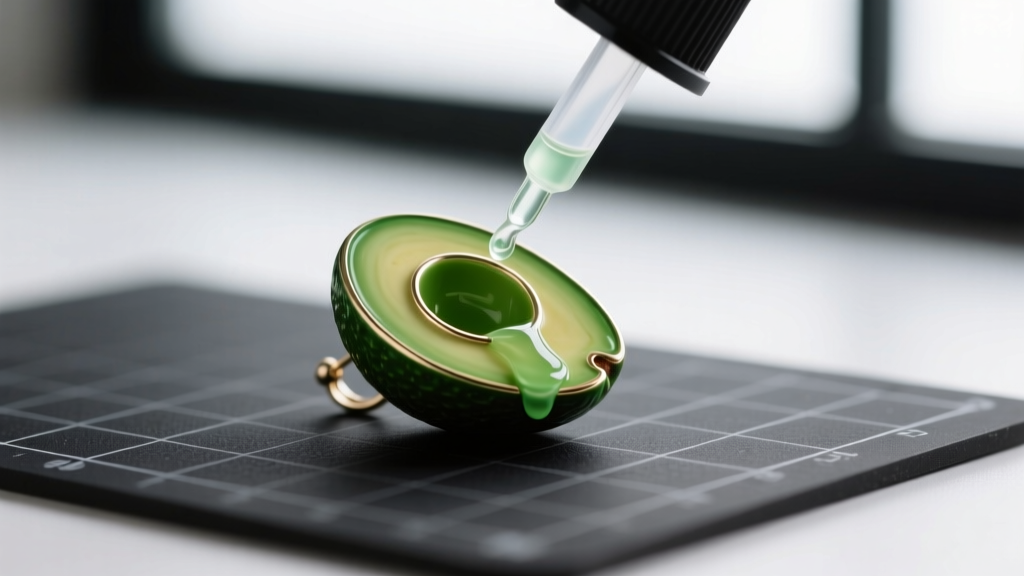 Precision tip applying clear glue to the empty bead socket of a green enamel avocado earring, macro shot on a dark crafting mat.