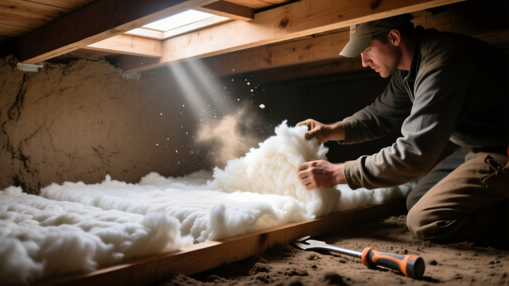 Contractor installing dense mineral wool batts between exposed wooden floor joists in a dimly lit dirt crawl space to block noise