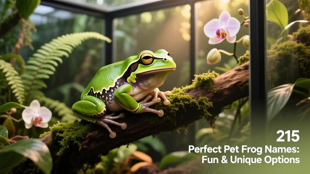 A vibrant green tree frog perched calmly on a mossy branch in a well-planted terrarium