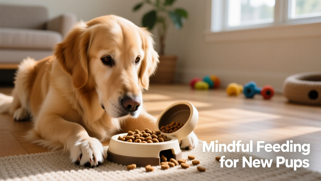 A calm, focused dog interacting with a slow-feed puzzle toy filled with kibble, illustrating mental enrichment and portion control