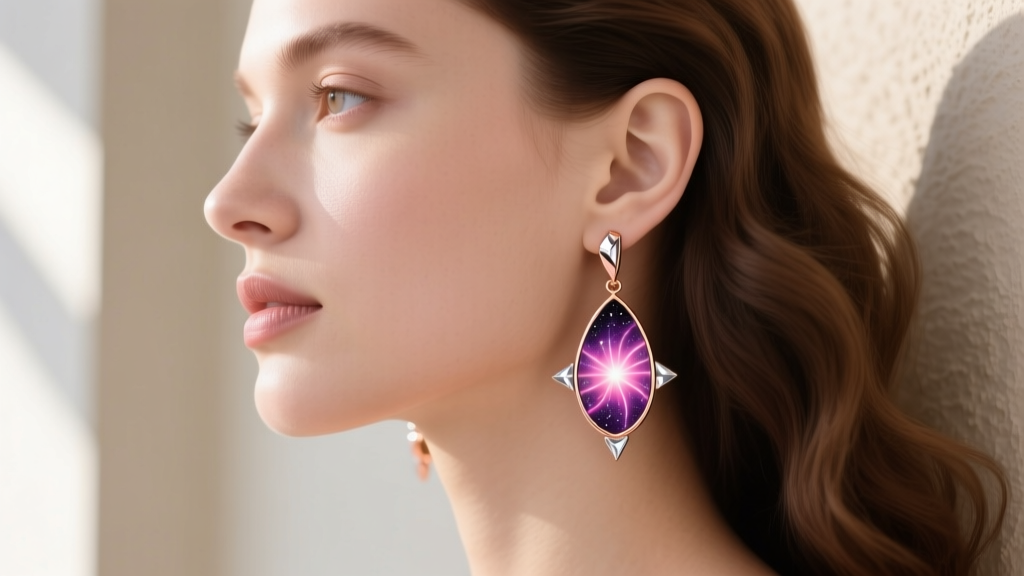 Side profile of a woman wearing celestial supernova drop earrings in rose gold PVD titanium, highlighting lobe and cartilage placement.