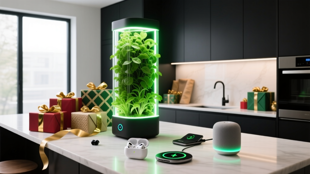 A sleek modern kitchen counter featuring a glowing vertical smart garden surrounded by holiday gift wrapping and tech accessories