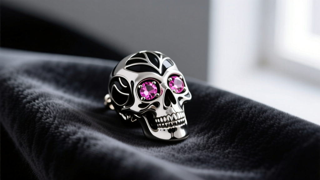 Macro shot of a silver-tone skull earring with black epoxy enamel and pink rhinestone eyes resting on dark velvet fabric.