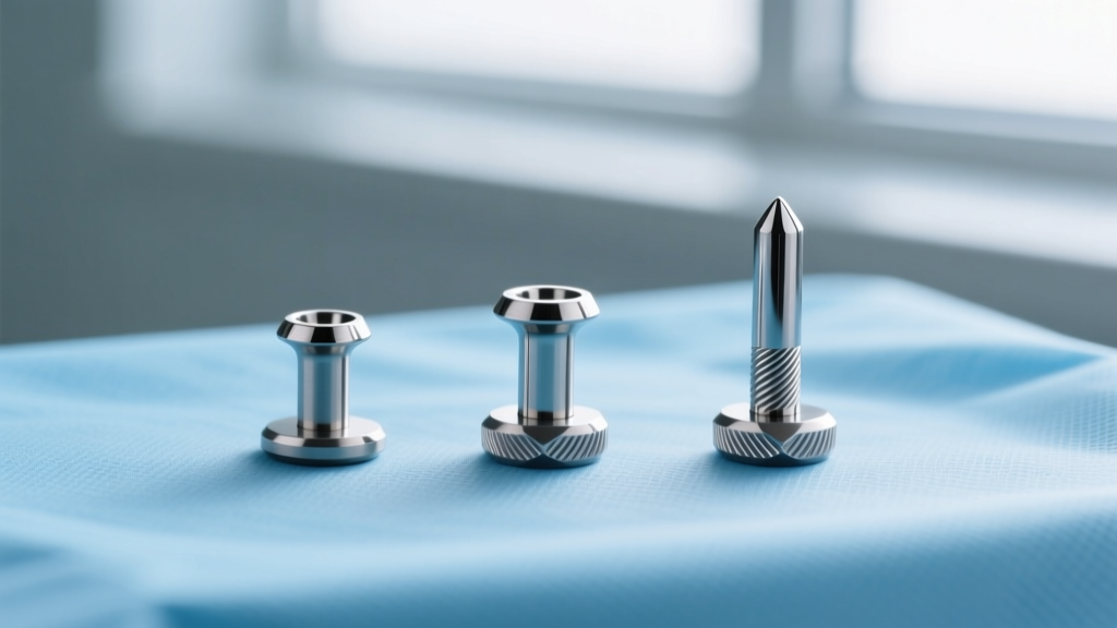 Close-up of three titanium labret studs of varying post lengths, 6mm, 8mm, and 10mm, laid out on a sterile blue medical drape