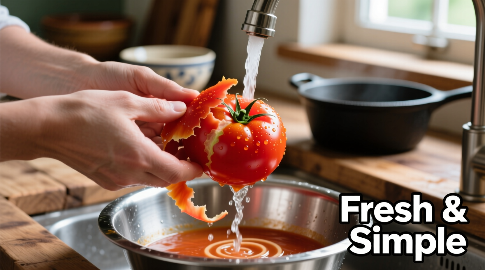 Fresh tomatoes being peeled for homemade soup