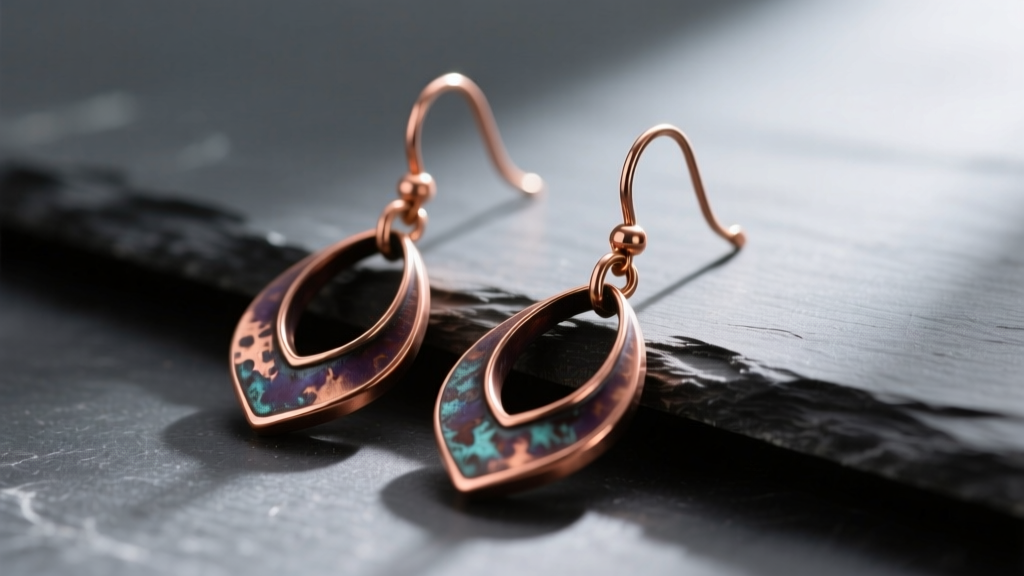 Artisan copper dangle earrings with deep liver-of-sulfur patina and polished edges resting on dark slate under soft lighting.