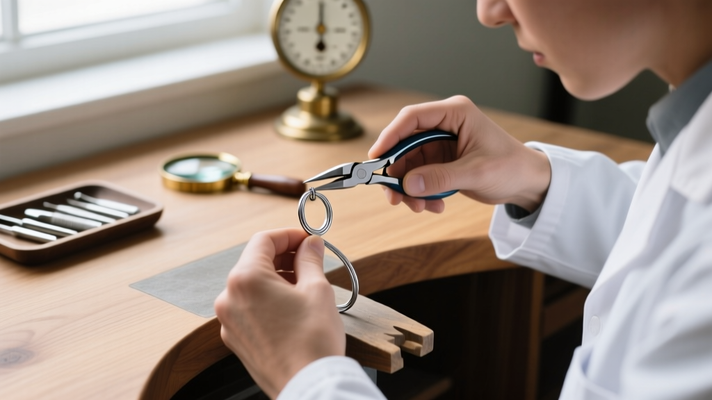 Jeweler using nylon pliers to gently adjust the tension curve of a niobium kidney wire earring finding on a wooden workbench.
