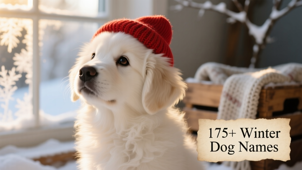 Close-up of a fluffy white puppy wearing a tiny red knit hat, looking up with bright eyes
