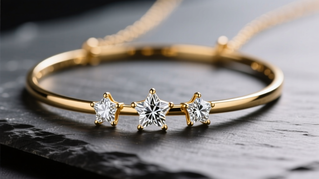 Macro shot of a 14k gold Orion necklace on dark slate, highlighting three diamond stars of the belt under soft studio lighting.