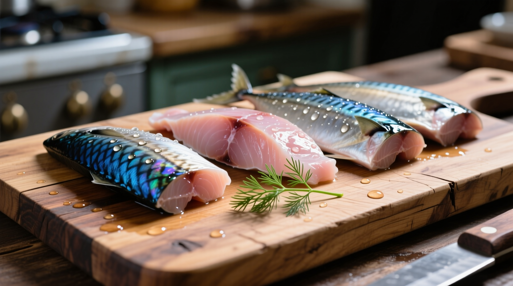Fresh mackerel fillets on wooden cutting board