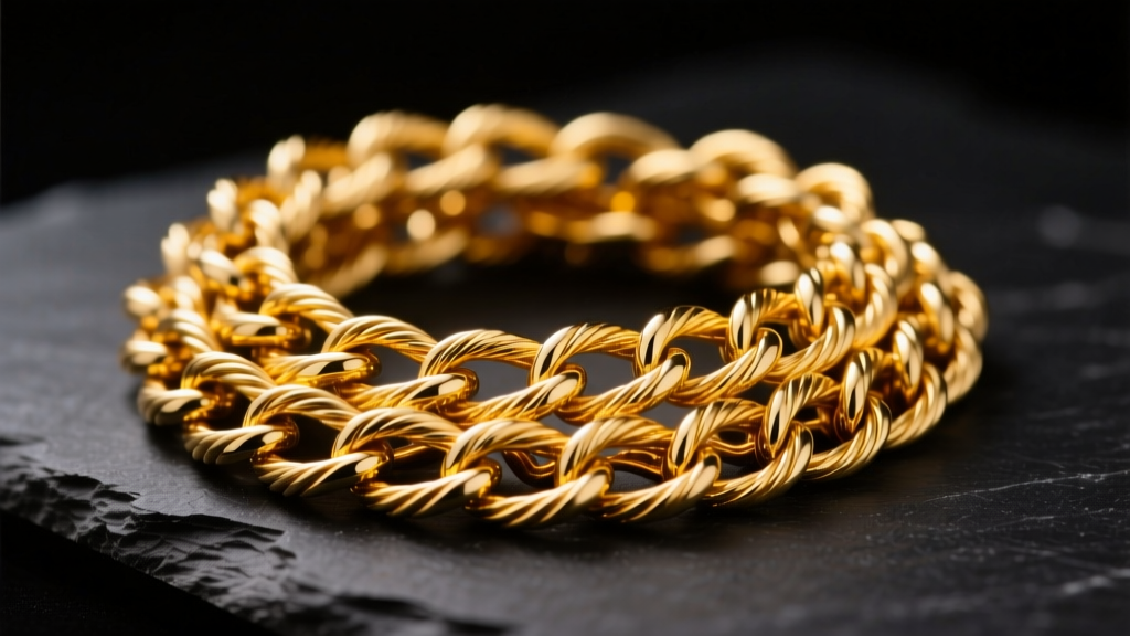 Macro shot of a severely tangled 14k gold cable chain necklace resting on dark slate under bright, focused studio lighting.