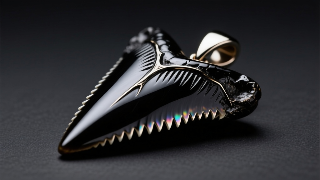 Close-up of a polished black fossilized shark tooth pendant showing the distinct V-shaped root and serrated enameloid edge