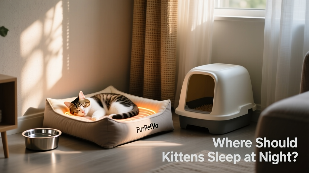 A tidy, softly lit kitten sleep zone featuring a FurPetVo heated bed, water bowl, and covered litter tray—all placed in a quiet, clutter-free corner