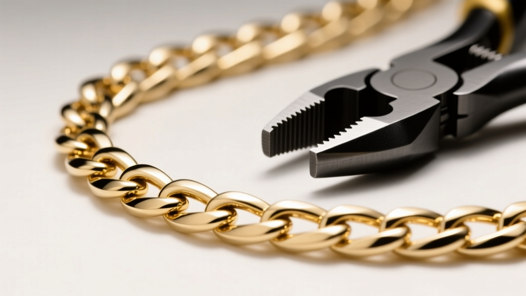 Macro shot of a cut 14k white gold Figaro chain link beside tungsten carbide jewelry pliers under bright, focused studio lighting.