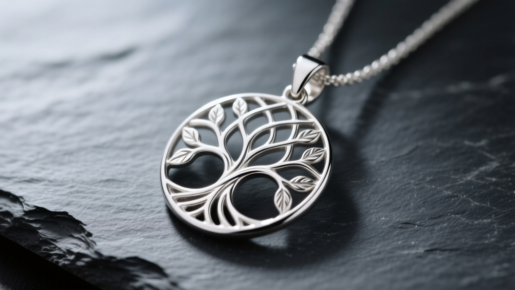Close-up of a tree of life sterling silver pendant on dark slate, soft lighting highlighting the intricate branches