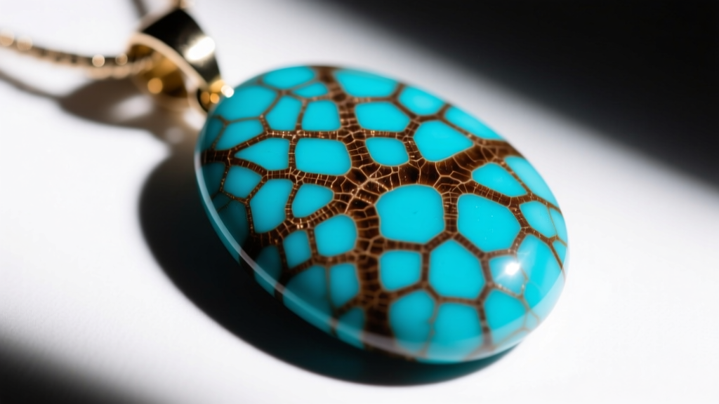 Close-up of a stabilized turquoise pendant showing intricate brown matrix webbing, illuminated by a harsh directional studio light