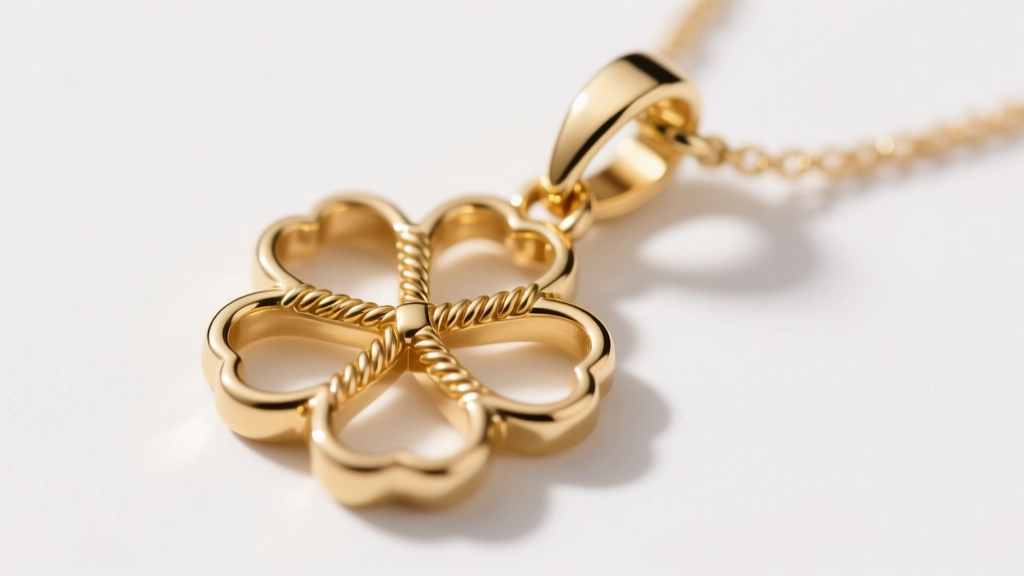 Macro shot of a 14k gold open clover pendant jump ring and clasp showing the soldered connection under bright studio lighting.