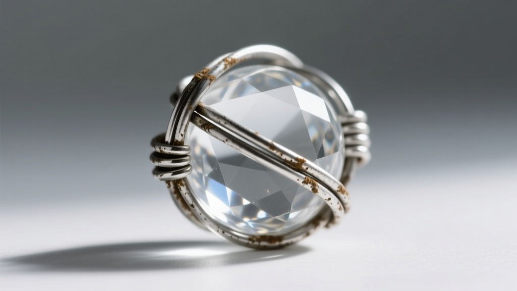Macro photography of a tarnished silver wire wrap encasing a clear quartz sphere, highlighting dirt buildup at the metal seams
