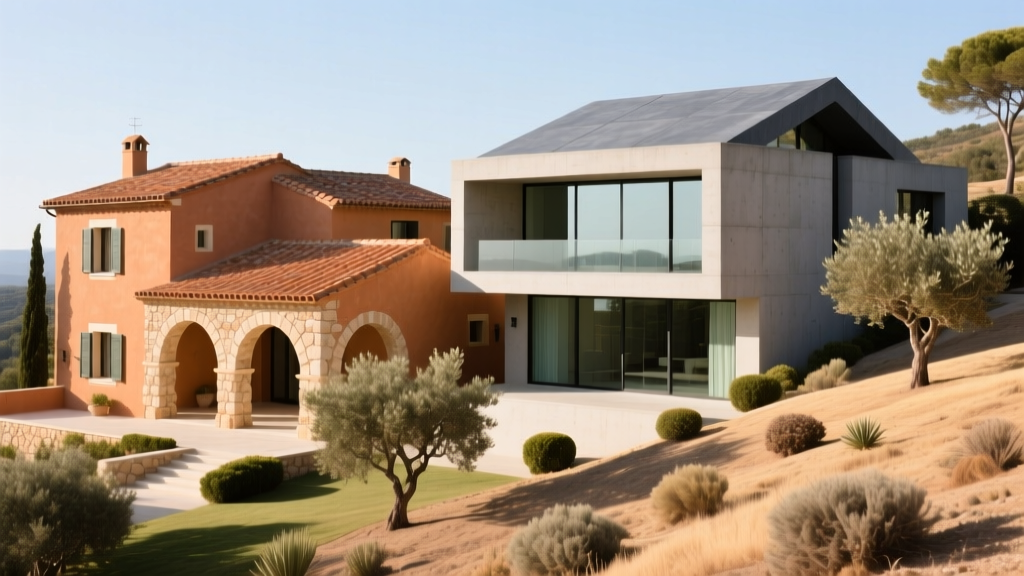 Mediterranean villa with terracotta clay tiles beside a modern home featuring slate-gray concrete roof tiles under bright sunlight