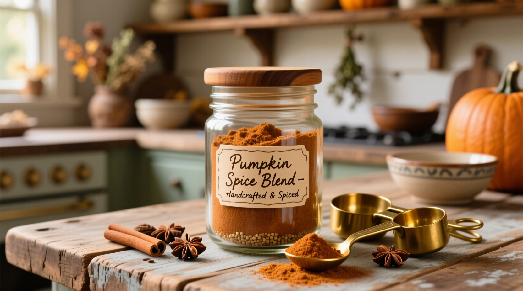Homemade pumpkin spice blend in mason jar with measuring spoons