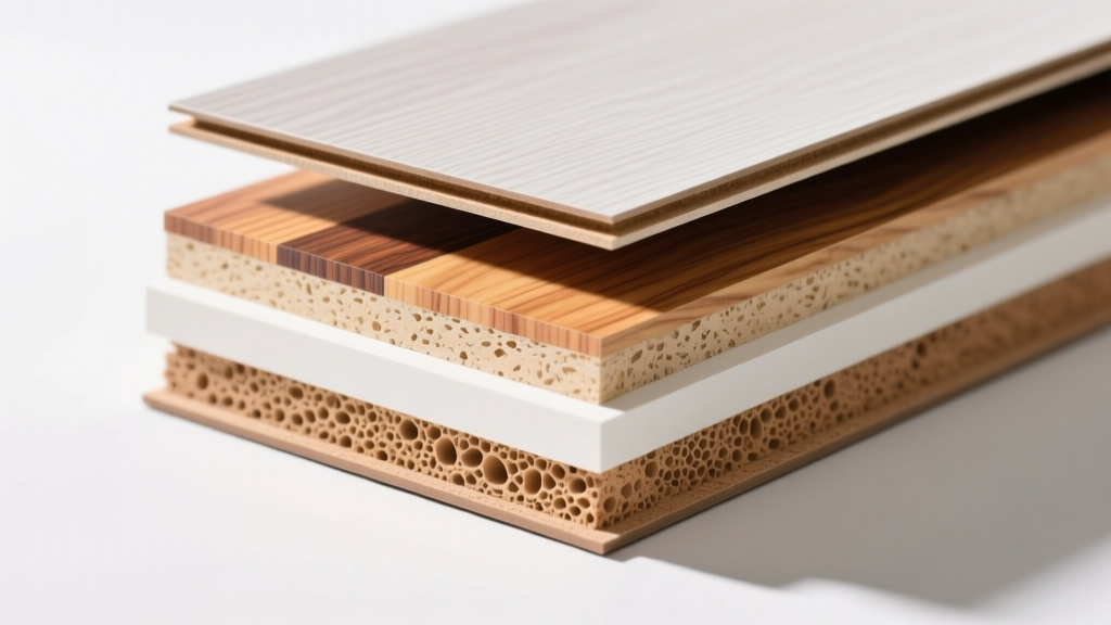 Cross-section of 12mm waterproof laminate flooring showing melamine wear layer, decorative paper, HDF core, and attached cork underlayment