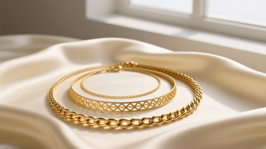 Three layered gold necklaces of varying lengths and weaves resting on cream silk fabric under soft natural window lighting