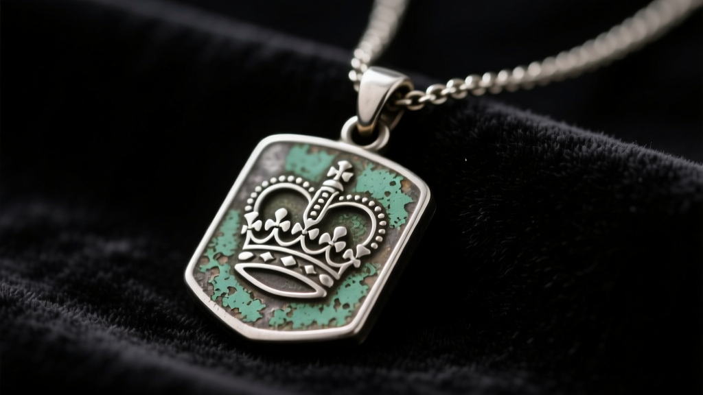 Tarnished silver prince sign necklace on dark velvet, highlighting the oxidized engraved royal crest on the heavy pendant face
