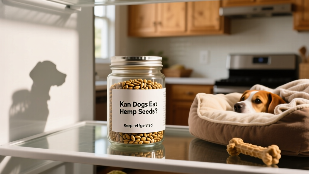 Glass jar of hemp hearts stored in refrigerator with label 'Keep refrigerated'