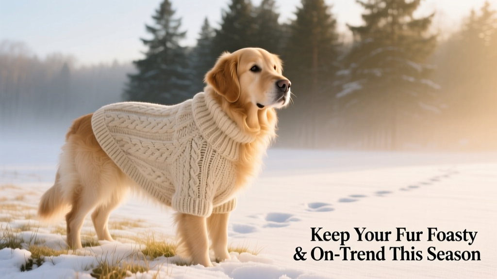A golden retriever wearing a cozy cable-knit sweater, standing on snow-dusted grass
