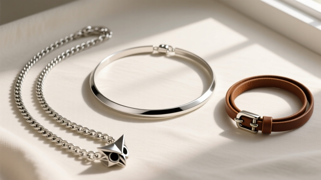 Flat lay of three Origami Owl chains: an 18-inch choker, a 24-inch adjustable silver cable chain, and a brown faux leather cord.