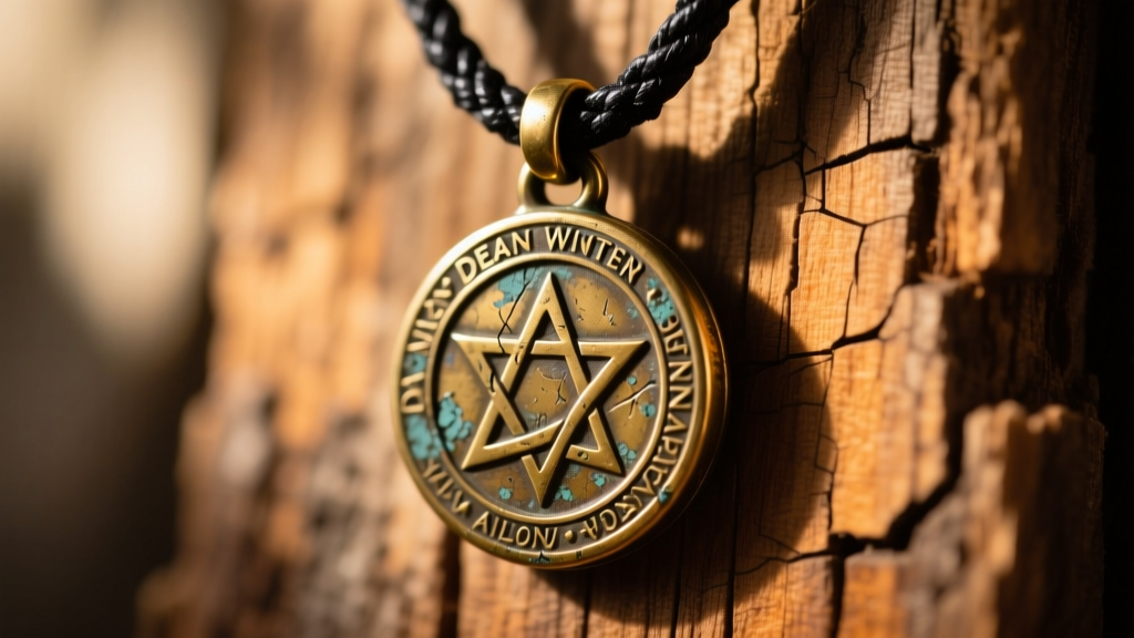 Close-up of a weathered brass Dean Winchester amulet on a worn black flat leather cord against a rustic wooden background