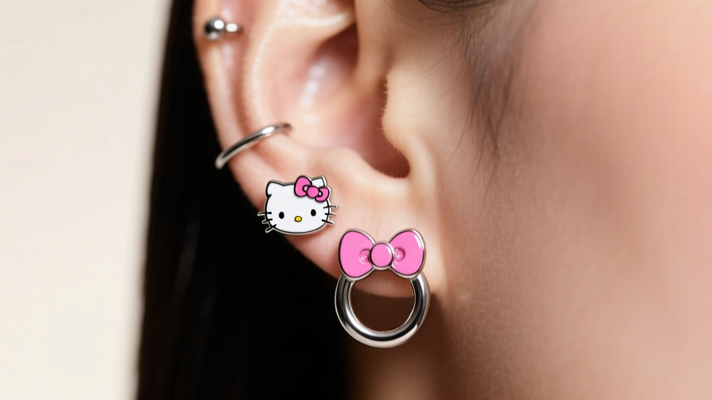 Curated ear featuring 16-gauge titanium Hello Kitty stud earrings and a pink bow huggie hoop under soft studio lighting.