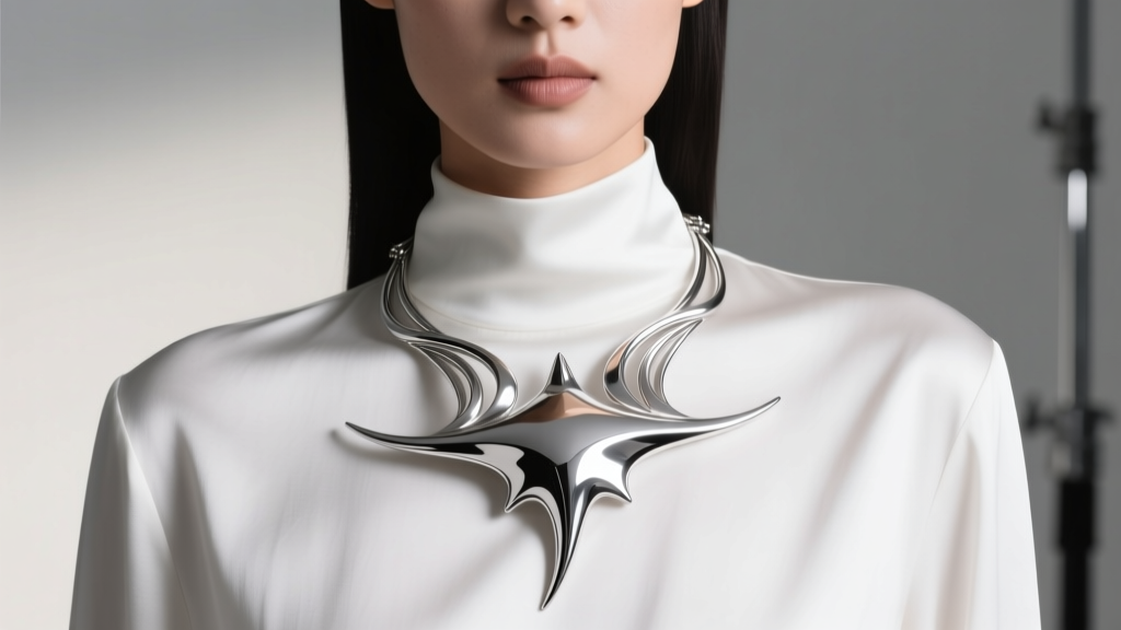 Editorial fashion shot of a model wearing a sculptural rhodium-plated sterling silver stingray necklace over a white silk blouse.