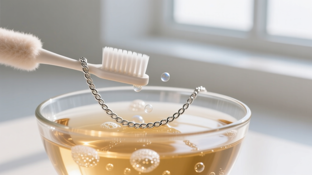 Close-up of a soft toothbrush scrubbing a sterling silver cable chain necklace submerged in a glass bowl of warm soapy water.