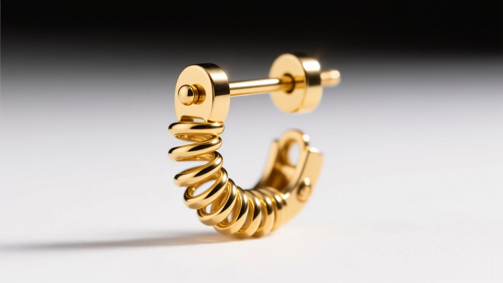 Macro shot of an 18-karat gold earring post and La Pousette locking back, showcasing the secure mechanical spring mechanism.