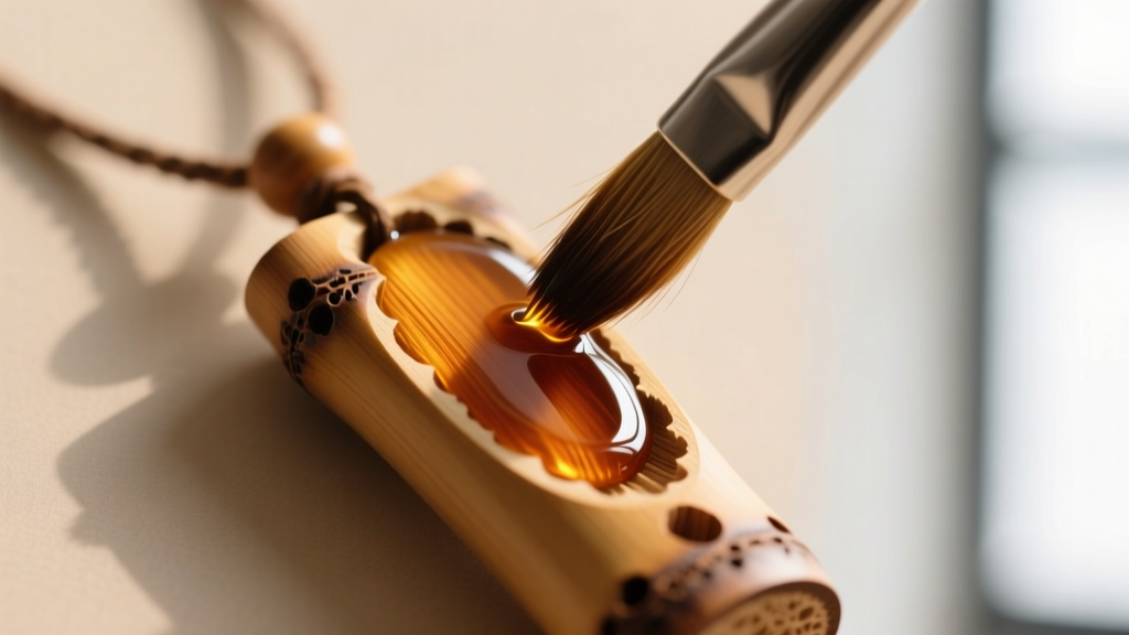 A small brush applying polymerized tung oil to a disassembled bamboo pendant, showing the rich amber color soaking into the pores.