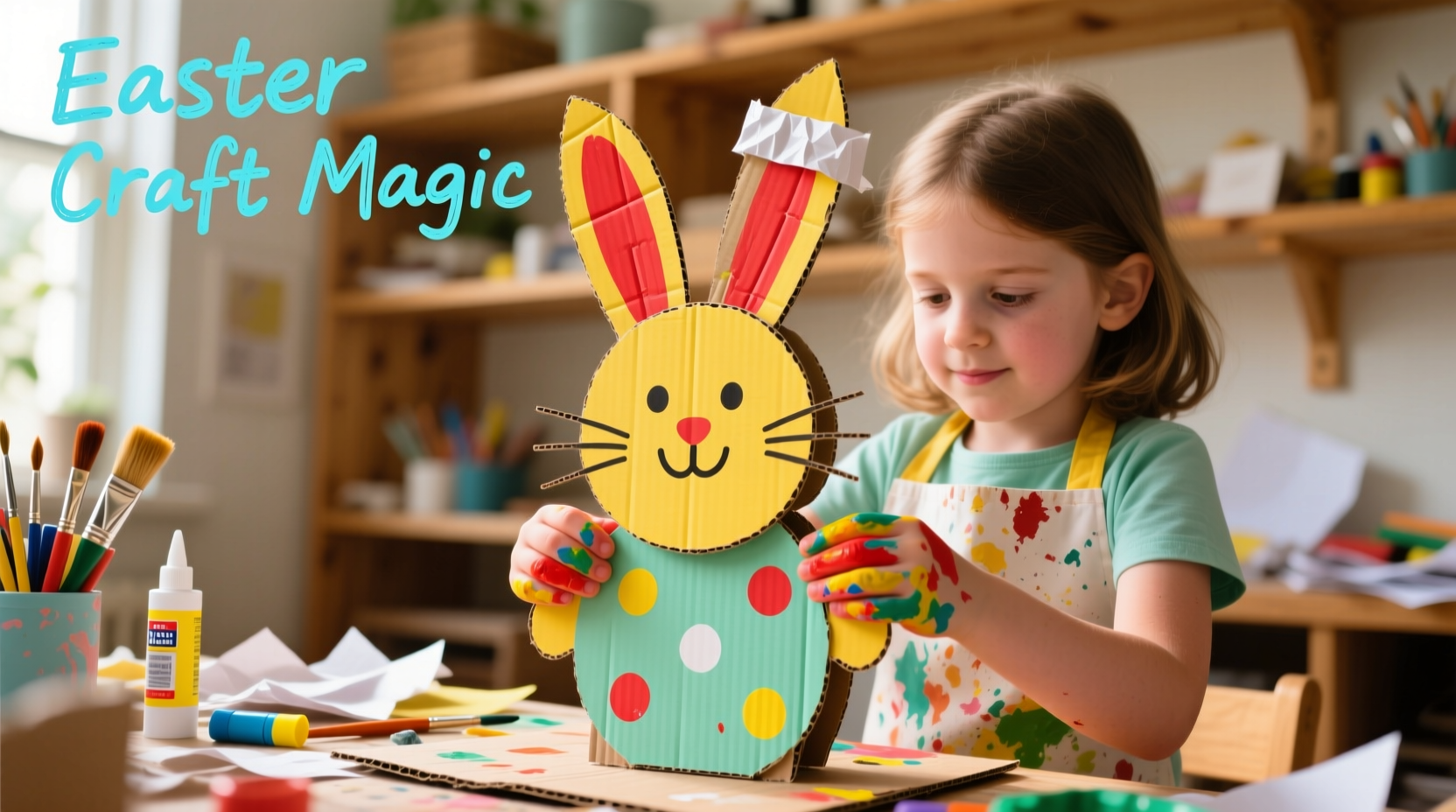 Child painting recycled cardboard Easter bunny craft